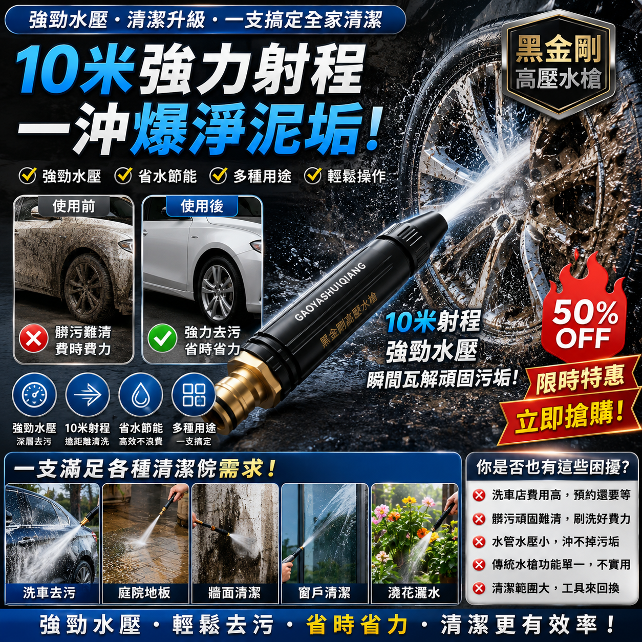 🚗洗車水壓不夠？沖半天沖不乾淨？德國黑金剛高壓水槍💪｜小水壓也能變強力水柱｜金屬槍身耐用10年｜陽台/庭院/洗車一槍搞定🔥