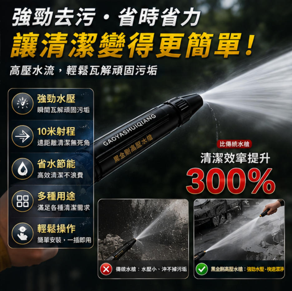 🚗洗車水壓不夠？沖半天沖不乾淨？德國黑金剛高壓水槍💪｜小水壓也能變強力水柱｜金屬槍身耐用10年｜陽台/庭院/洗車一槍搞定🔥