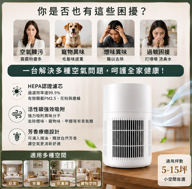 專為台灣居家打造｜靜音香薰空氣淨化器搭載H13高規濾網，有效過濾 99.97% PM0.3懸浮微粒；活性碳材質吸附甲醛、異味與有害氣體。搭配UV-C紫外線設計，減少細菌、病毒滋生。一級能效省電節能，24小時運轉也不用擔心電費，運行靜音還可香薰擴香，守護室內空氣品質🌿