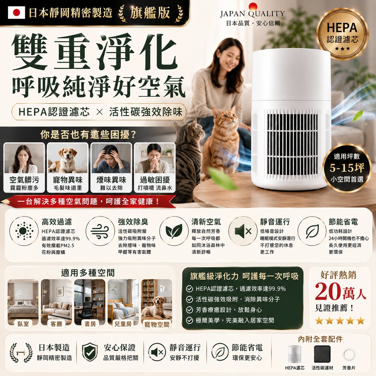 專為台灣居家打造｜靜音香薰空氣淨化器搭載H13高規濾網，有效過濾 99.97% PM0.3懸浮微粒；活性碳材質吸附甲醛、異味與有害氣體。搭配UV-C紫外線設計，減少細菌、病毒滋生。一級能效省電節能，24小時運轉也不用擔心電費，運行靜音還可香薰擴香，守護室內空氣品質🌿